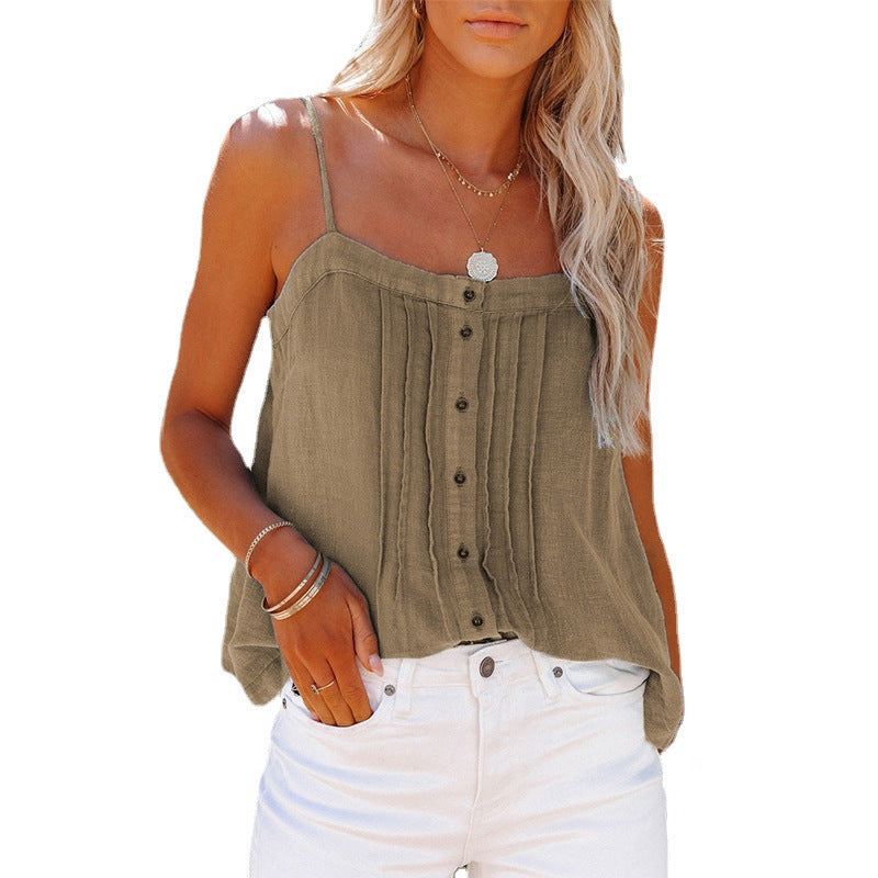 Damen luftiges Spaghettiträger-Oberteil mit kariertem Design und Knopfdetails Drune