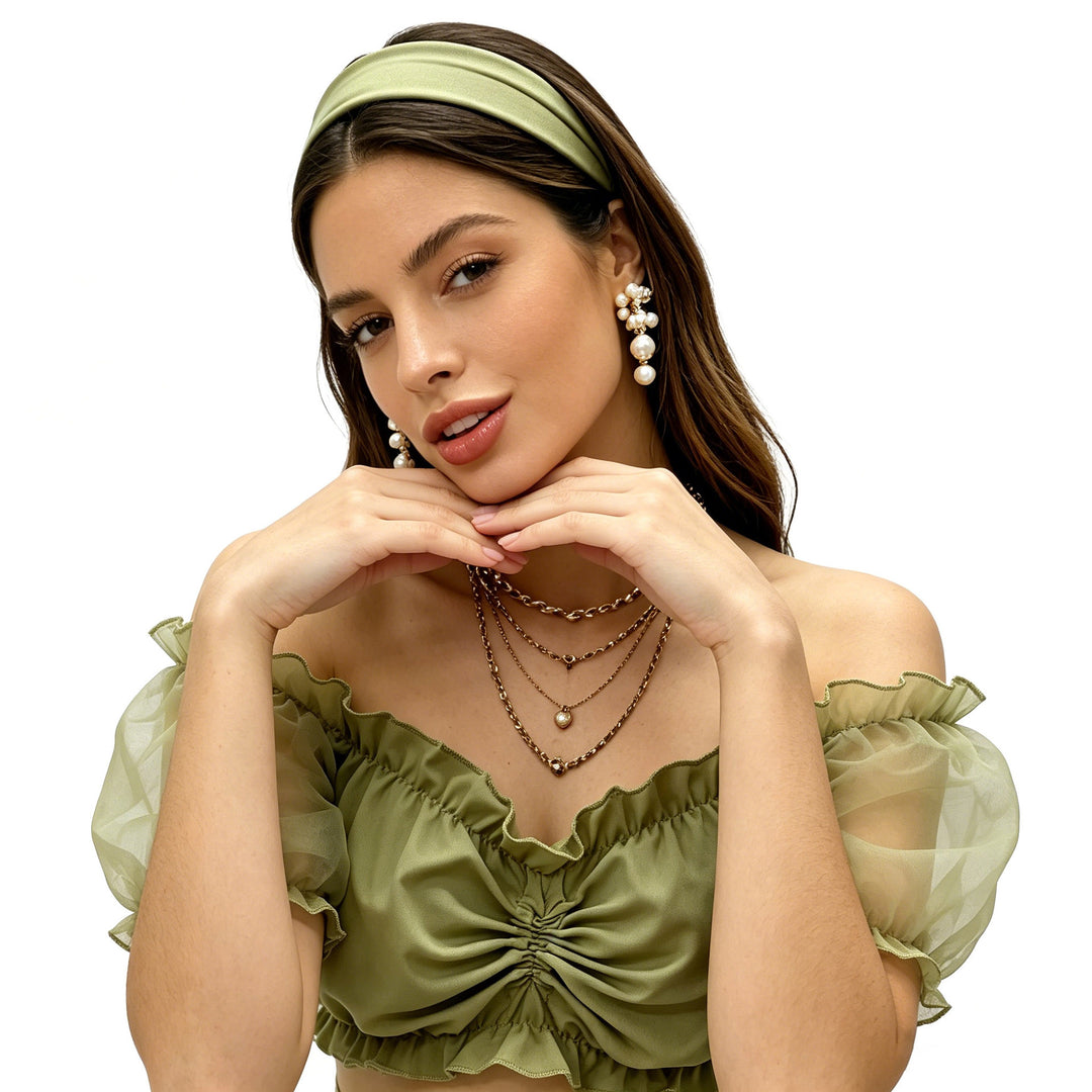 Damen nan gerafftes Crop Top mit Carmenausschnitt und transparenten Organzaärmeln Drune