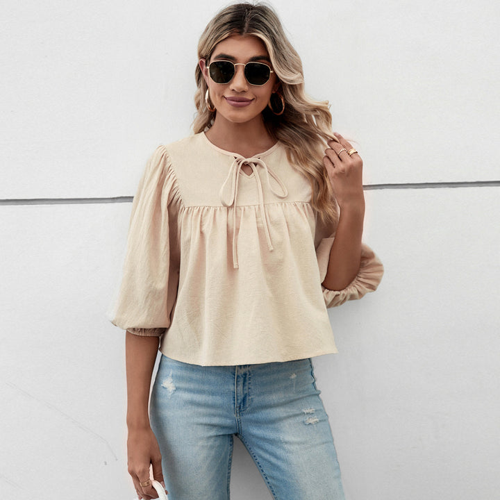 Damen Bluse mit weiten Ärmeln und verspieltem Knoten Drune