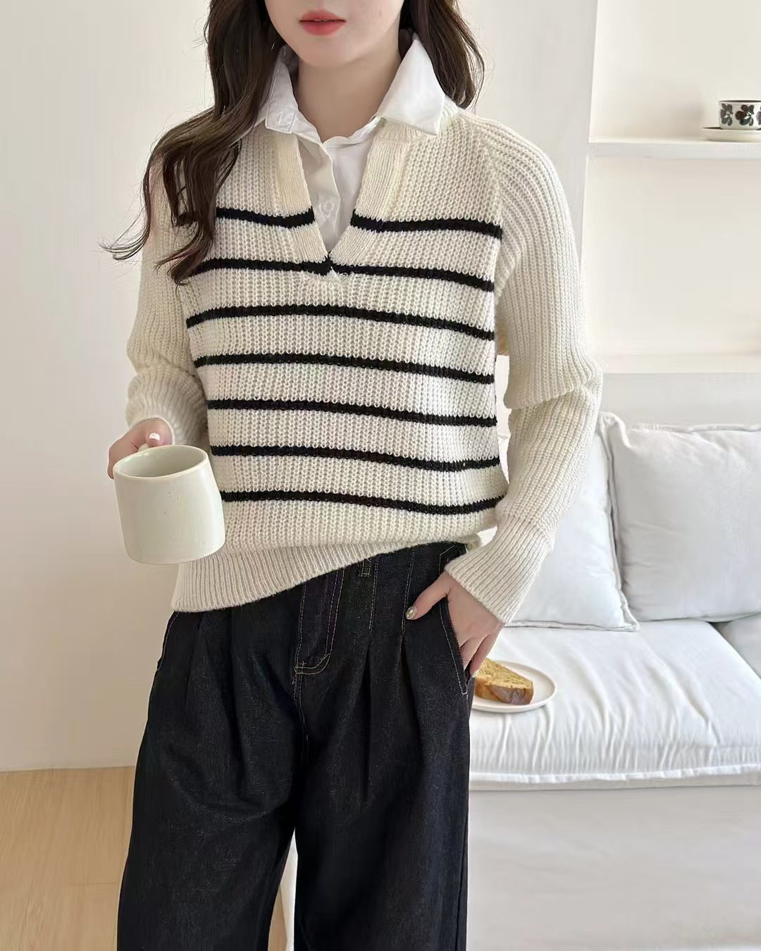 Damen Strickpullover mit V-Ausschnitt und gestreiftem Design Drune