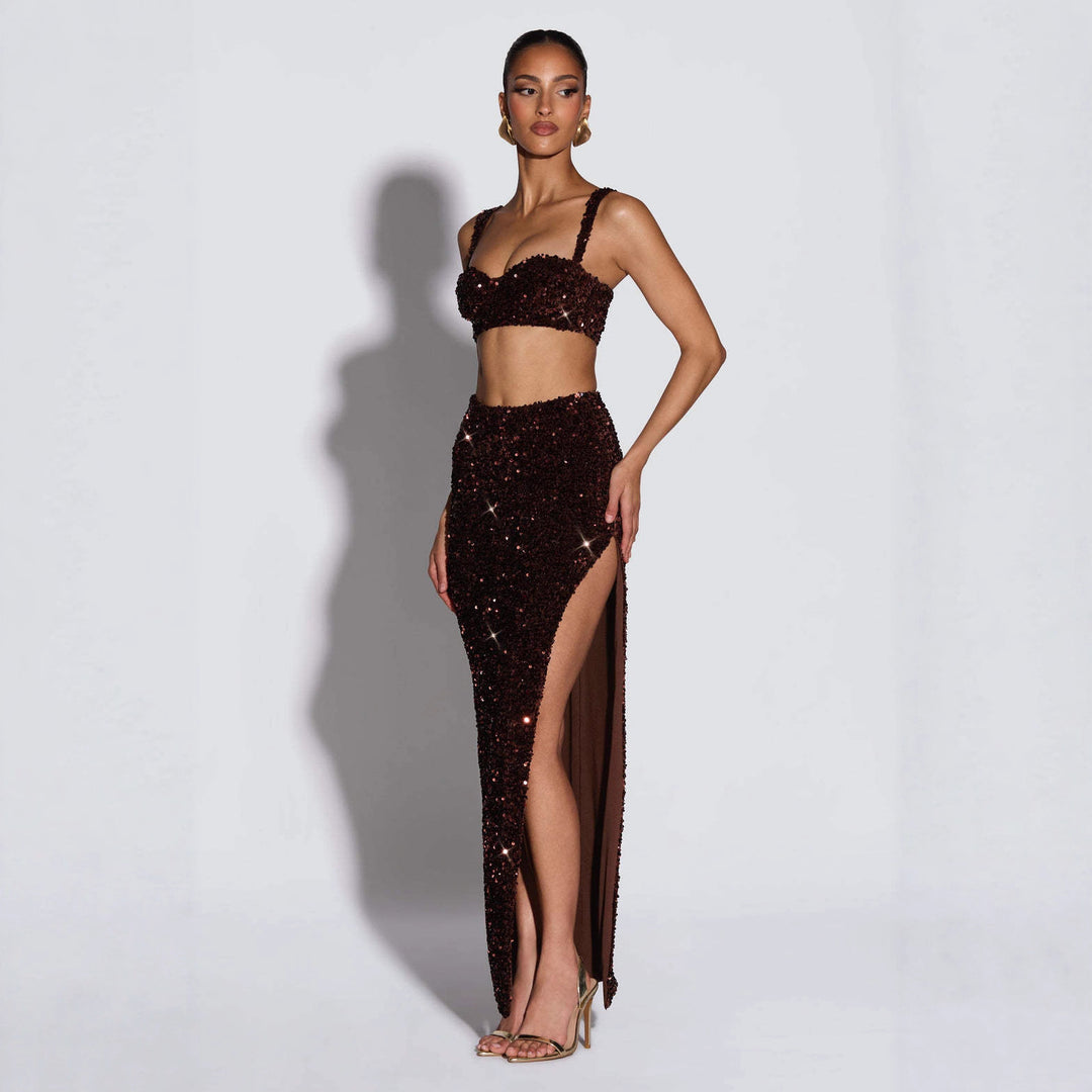 Damen Glitzerndes Abendkleid mit tiefem Schlitz und raffinierten Trägern Drune