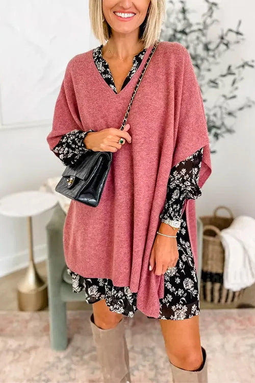 Damen lässiger Strickponcho mit V-Ausschnitt und überschnittenen Ärmeln Drune