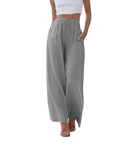 Damen nan weite Leinenhose mit elastischem Bund Kordel und Seitentaschen Drune