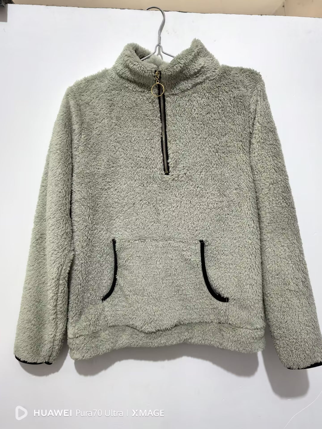 Damen nan kuscheliger Teddy-Fleece Pullover mit halbem Reißverschluss und Kängurutasche Drune