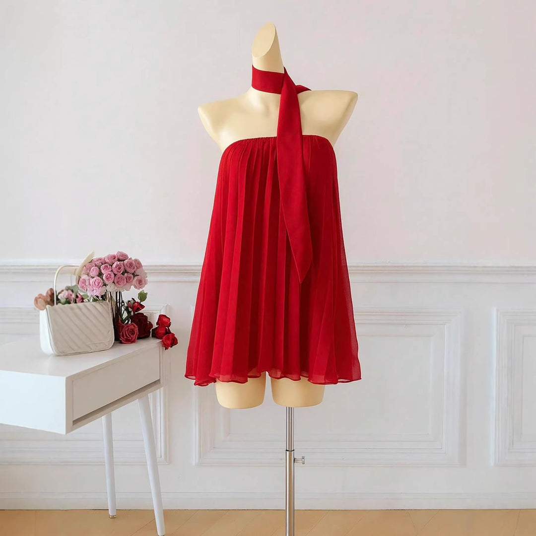 Damen kurzes Sommerkleid mit elegantem Bindegürtel und fließendem Design Drune