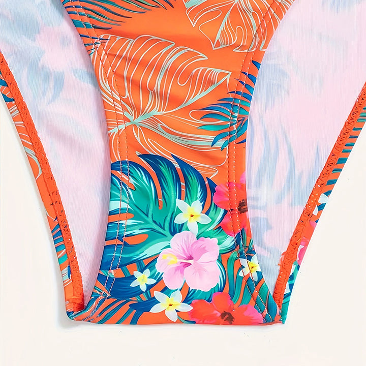 Damen Bandeau-Bikini-Set mit tropischem Druck und bequemen Trägern Drune