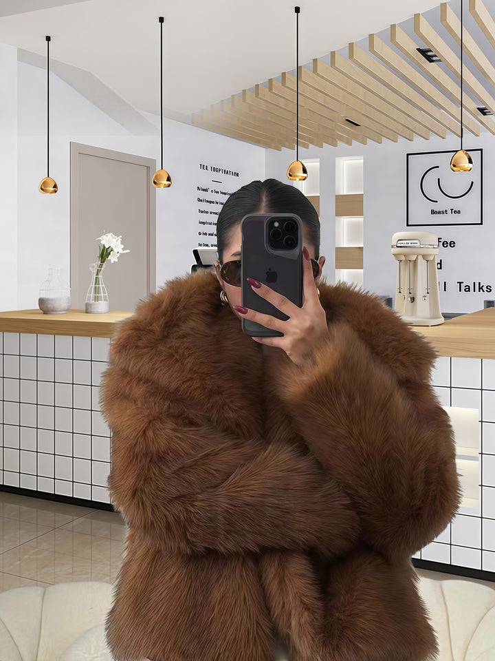 Damen Kunstpelzjacke mit luxuriösem Schnitt und weitem Kragen Drune