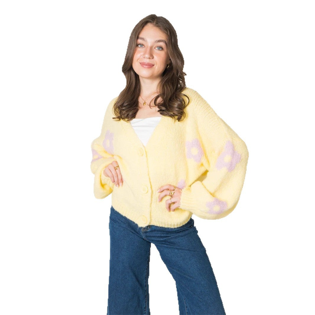 Damen Strickjacke mit floralem Muster und voluminösen Ärmeln Drune