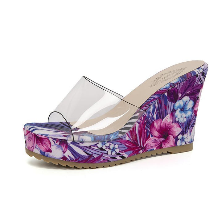 Damen nan PVC-Riemen Keilpantoletten mit floral bedruckter Keilsohle und ergonomischem Komfortfußbett Drune