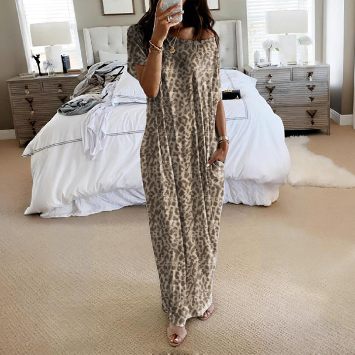 Damen Lockere Maxikleid mit Animal-Print und Seitentaschen Drune