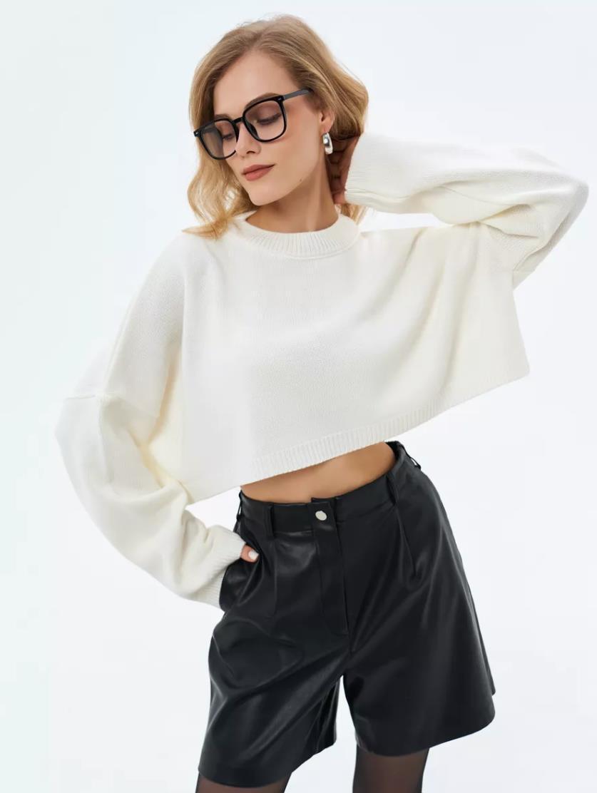 Damen Crop-Pullover im lässigen Oversized-Stil mit weiten Ärmeln und strukturiertem Design Drune