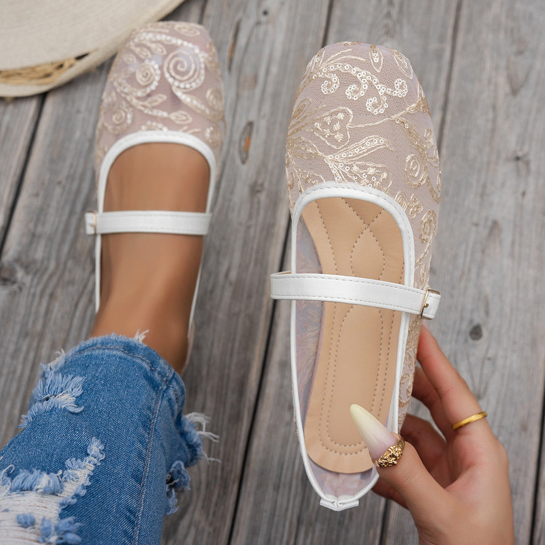 Damen elegante Ballerinas mit floralen Applikationen und rutschfester Sohle Drune