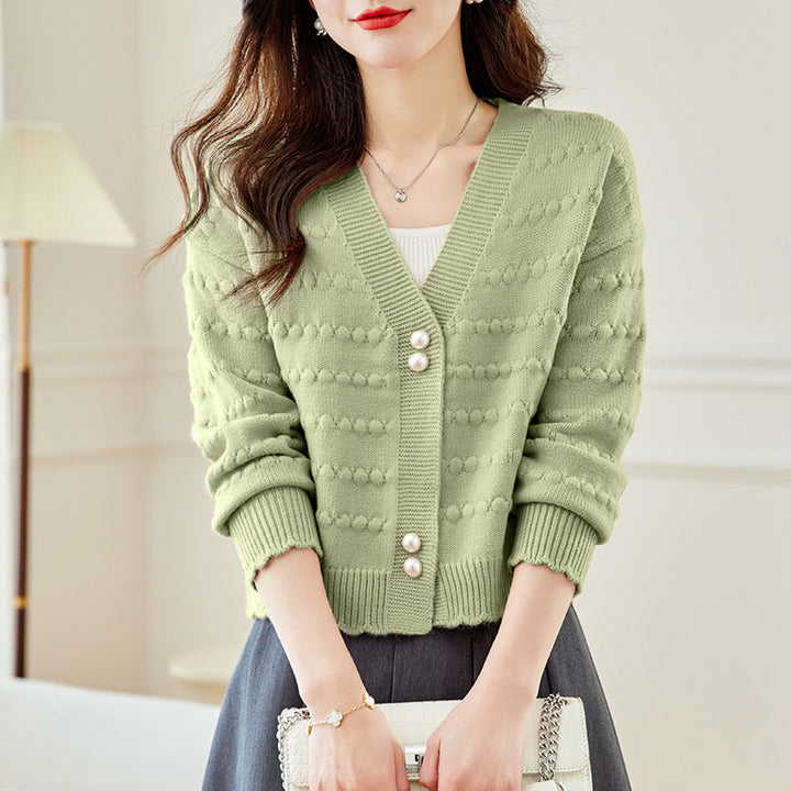 Damen kuschelige Strickjacke mit perlverzierten Knöpfen und strukturiertem Design Drune