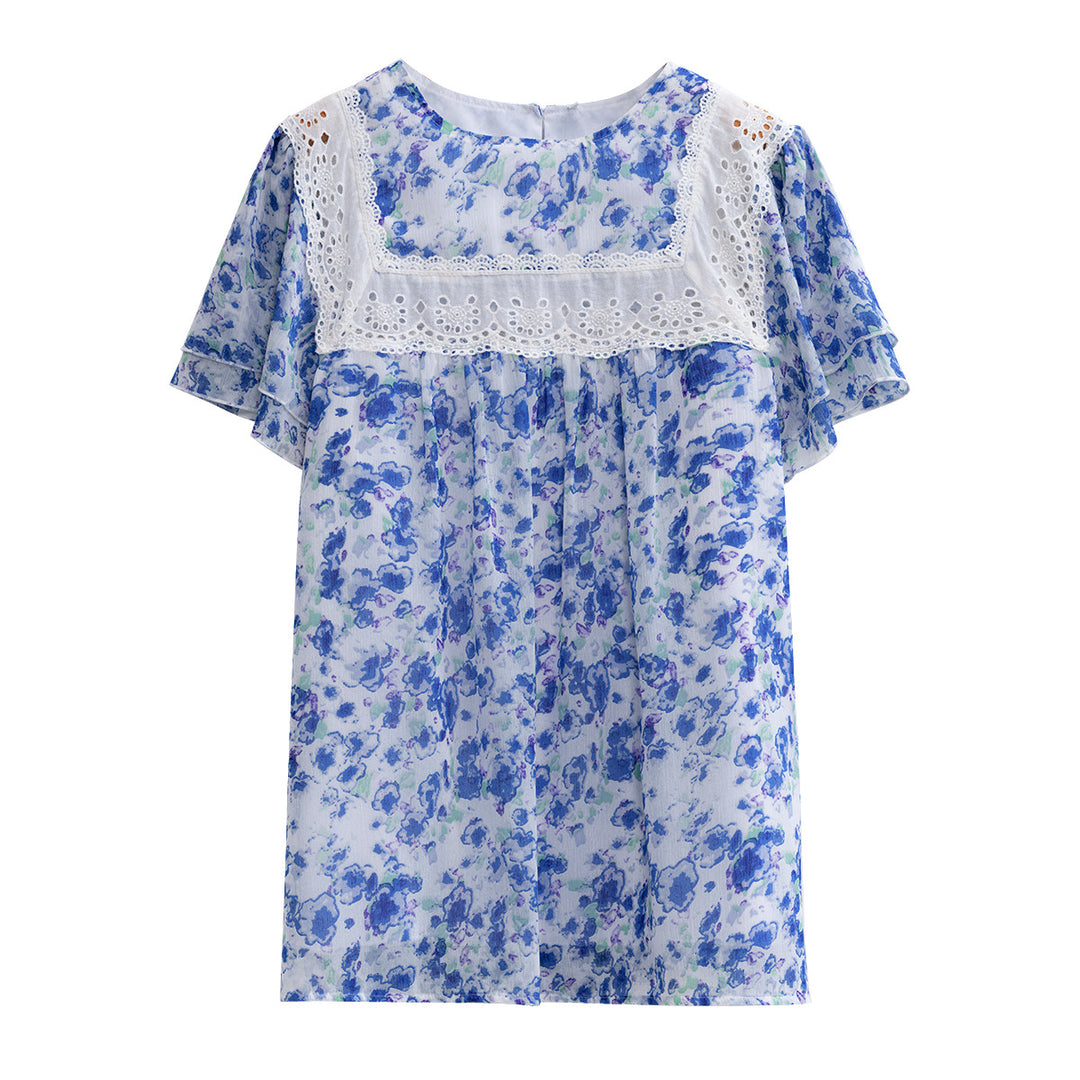 Damen Blumenmuster-Bluse mit Spitzenbesatz Drune