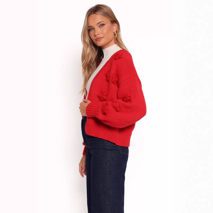 Damen Strickjacke mit floralem Design und voluminösen Ärmeln Drune