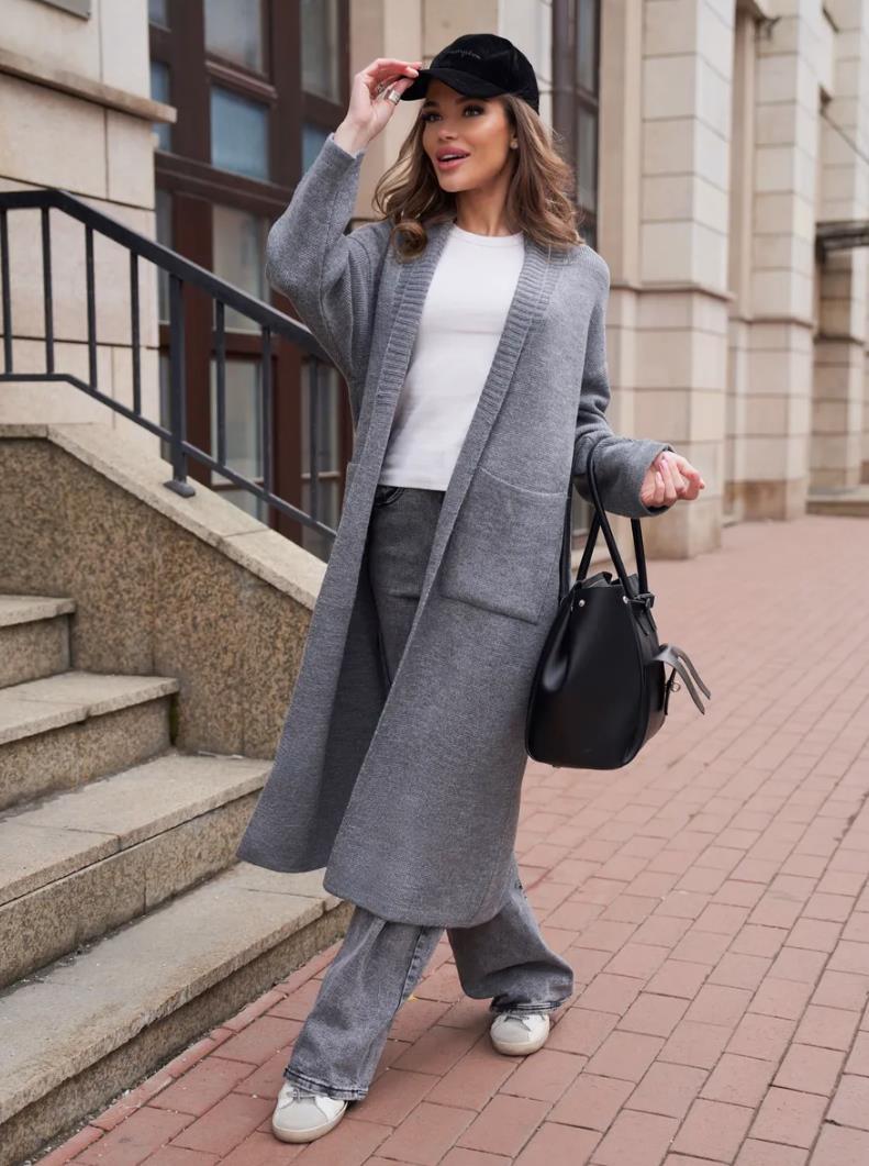 Damen Strickmantel mit tiefem V-Ausschnitt und großen Taschen Drune