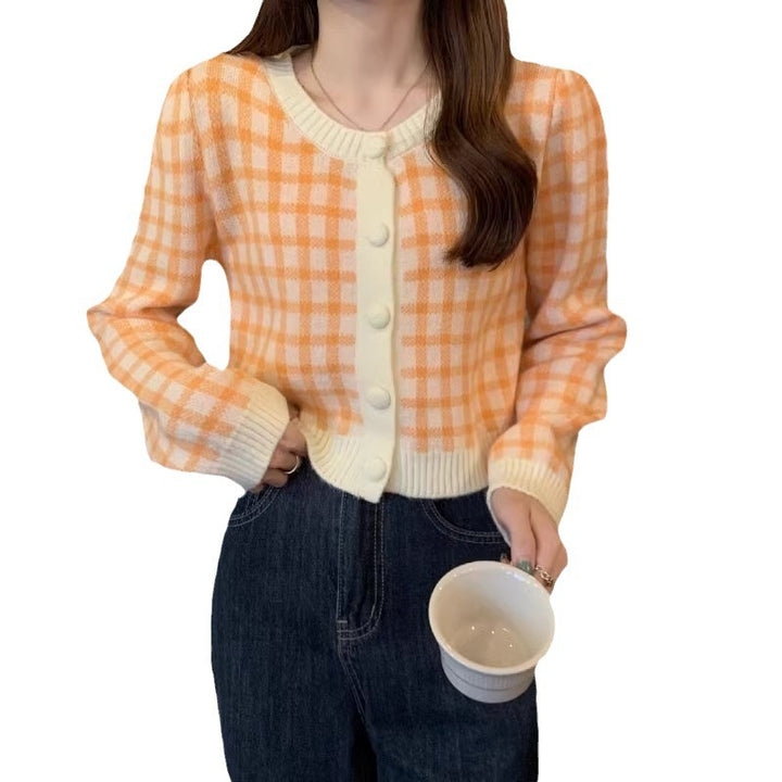 Damen Kurzstrickjacke mit Karo-Muster und Knöpfen Drune