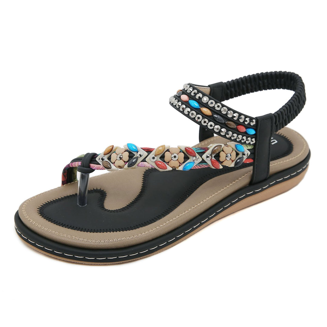 Damen Sandalen im Boho-Stil mit funkelnden Perlenverzierungen und bequemem Fußbett Drune