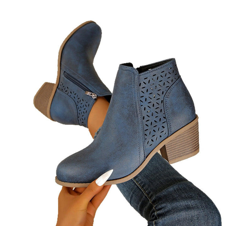 Damen nan knöchelhohe Stiefelette mit Laser-Cut-Perforation, seitlichem Reißverschluss und mittelhohem Blockabsatz Drune
