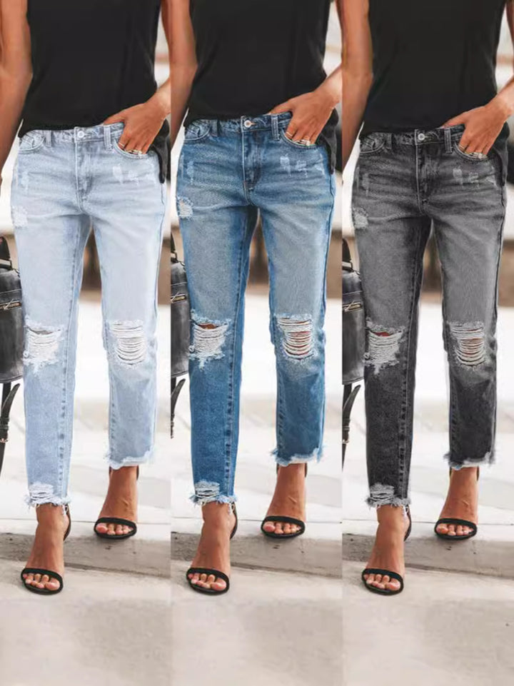 Damen Ripped Denim-Jeans mit lässigem Schnitt und ausgefranstem Saum Drune