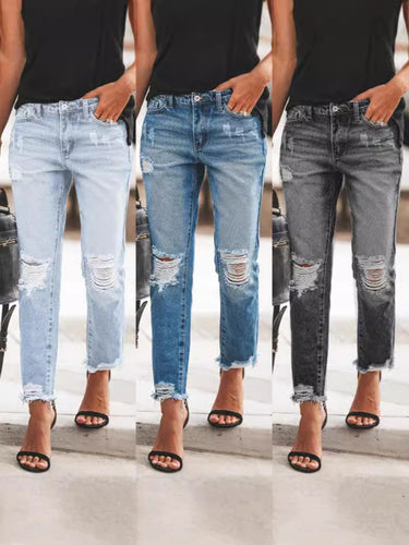 Damen Ripped Denim-Jeans mit lässigem Schnitt und ausgefranstem Saum Drune