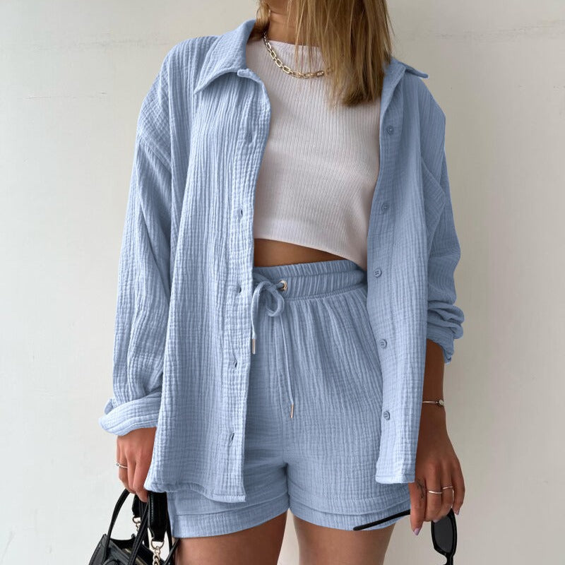 Damen lässiges Oberteil und Shorts-Set mit Knopfdetails Drune