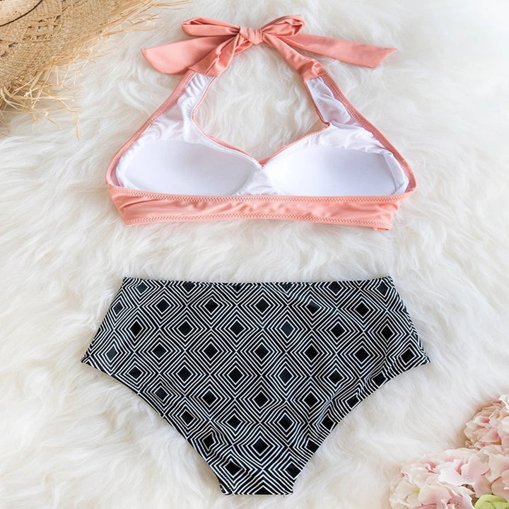 Damen High-Waist Bikini-Set mit elegantem Wickeldesign und modischem geometrischem Muster Drune
