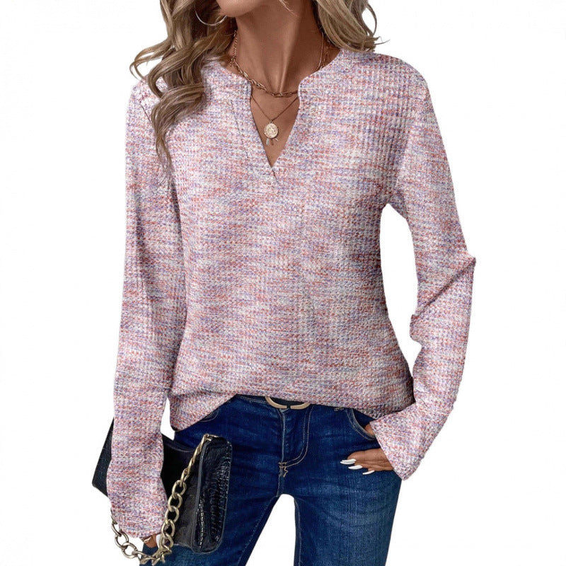 Damen lässiges Langarmshirt mit modernem V-Ausschnitt und strukturiertem Material Drune