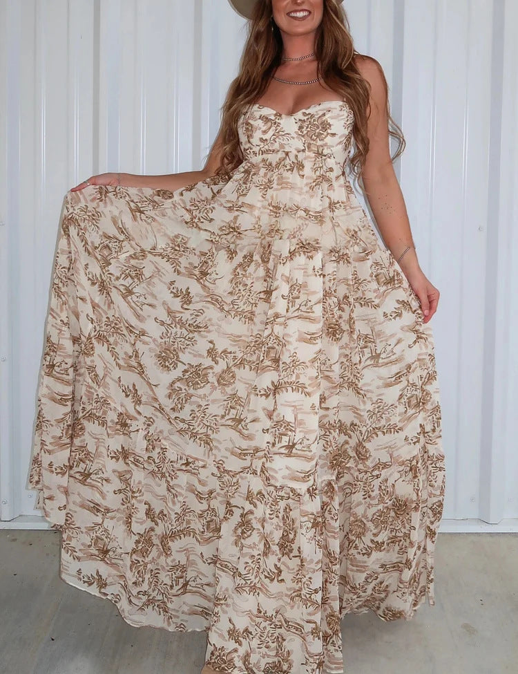 Damen nan trägerloses Maxikleid mit herzförmigem Bustier, geraffter Empire-Taille und weichem Stufenrock Drune