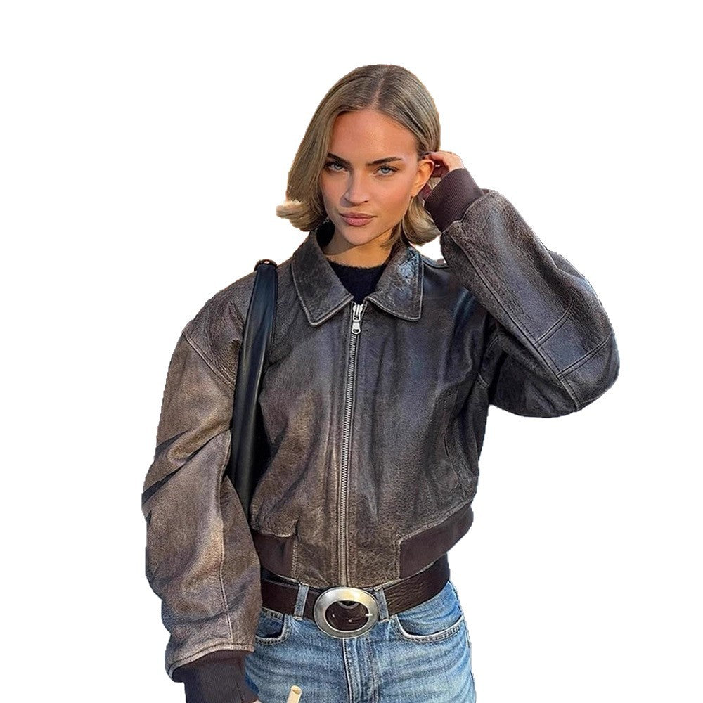 Damen Leder Bomberjacke mit lässigem Schnitt und Zipper-Details Drune
