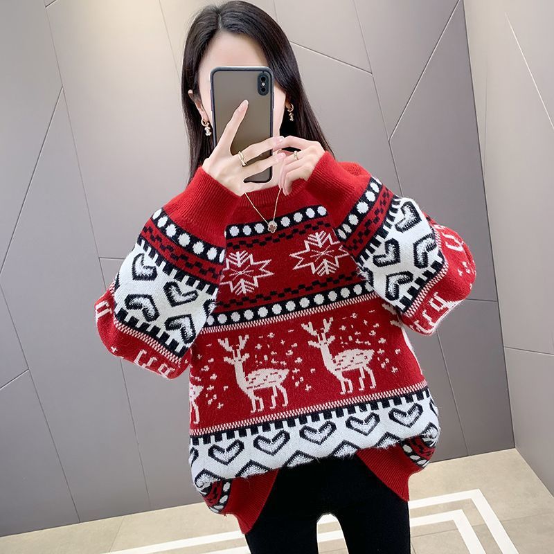 Damen Grobstrickpullover mit festlichem Rentiermotiv und modernem Design Drune