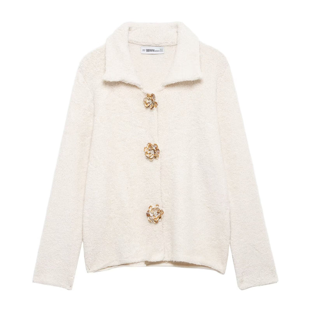Damen Teddyjacke mit eleganten Blumenknopfdetails Drune