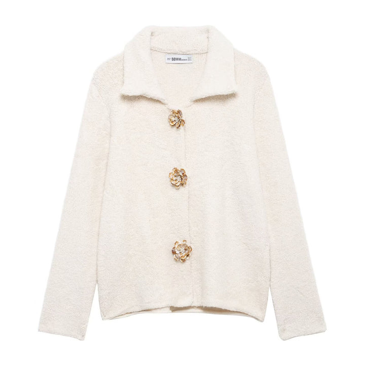 Damen Teddyjacke mit eleganten Blumenknopfdetails Drune