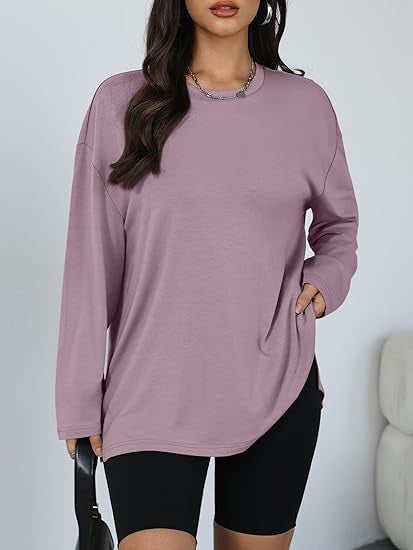 Damen lässiges Longsleeve T-Shirt mit Seitenschlitzen Drune