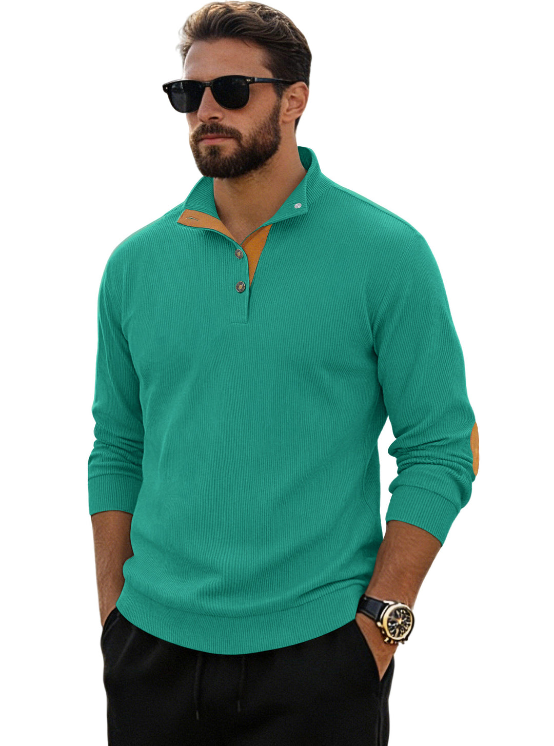 Herren nan fein gerippter Strickpullover mit Polokragen Knopfleiste und Ellenbogenbesatz Drune