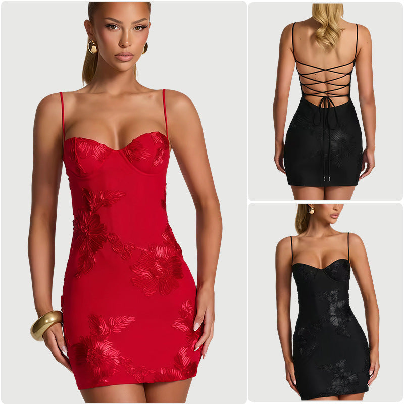 Damen Bodycon Minikleid mit floralem Spitzenbesatz und trägerlosem Design Drune