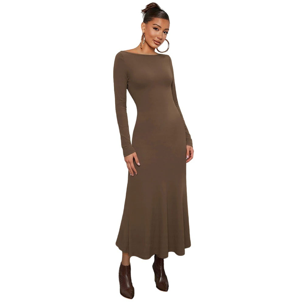 Damen Langarm Midikleid mit elegantem Rundhalsausschnitt und schwingendem Saum Drune