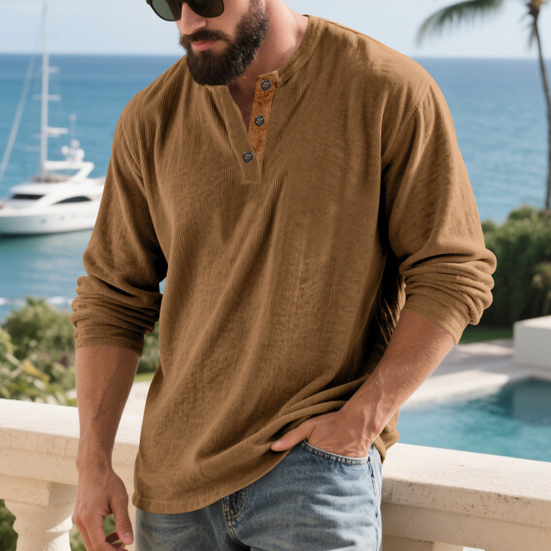 Herren Langarm-Henley-Shirt mit strukturiertem Material und modischen Knopfdetails Drune