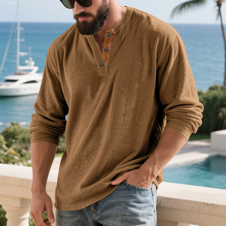 Herren Langarm-Henley-Shirt mit strukturiertem Material und modischen Knopfdetails Drune