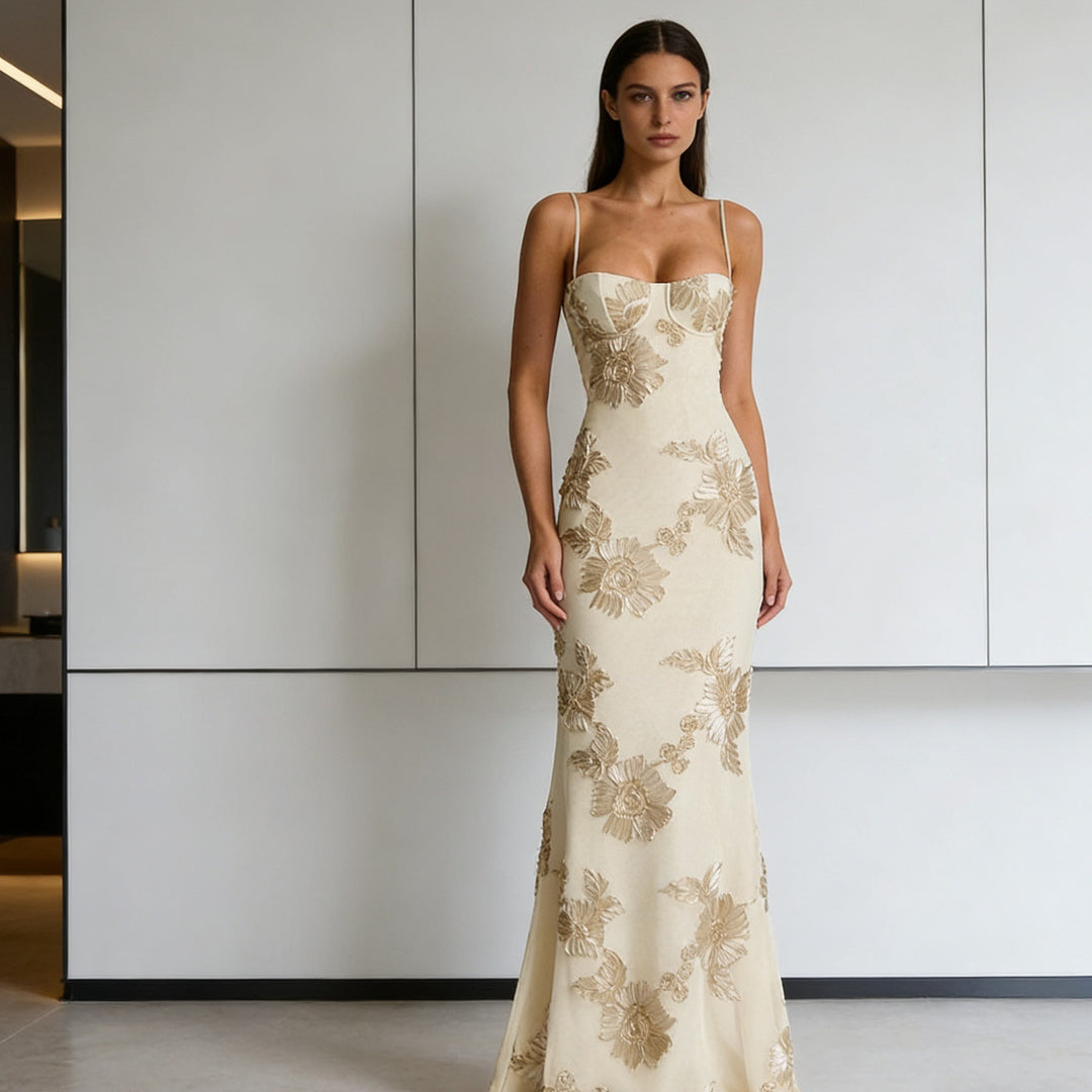 Damen Elegantes Figurbetontes Abendkleid mit floralen Stickereien Drune
