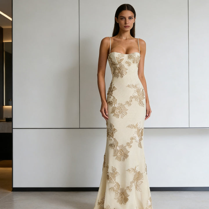 Damen Elegantes Figurbetontes Abendkleid mit floralen Stickereien Drune