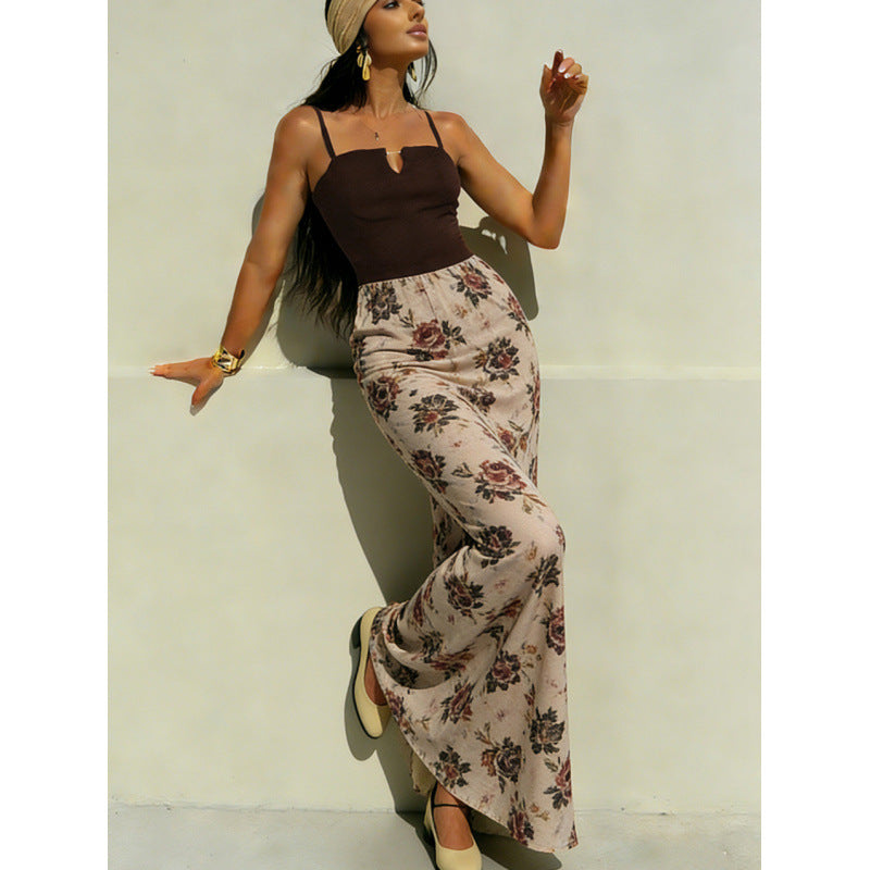 Damen Maxi-Kleid mit modischem Blumenmuster und schmalen Spaghettiträgern Drune