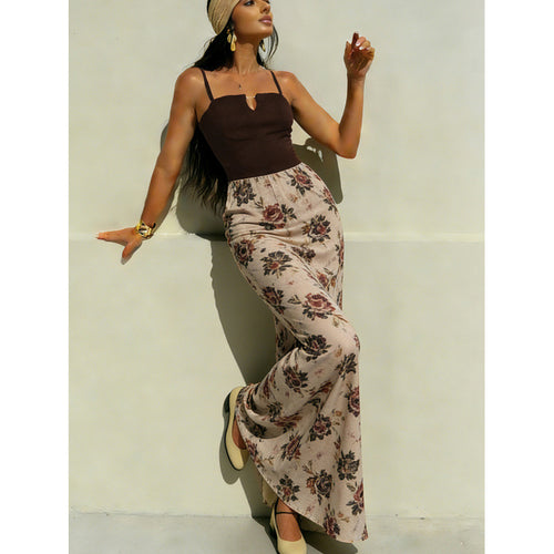 Damen Maxi-Kleid mit modischem Blumenmuster und schmalen Spaghettiträgern Drune