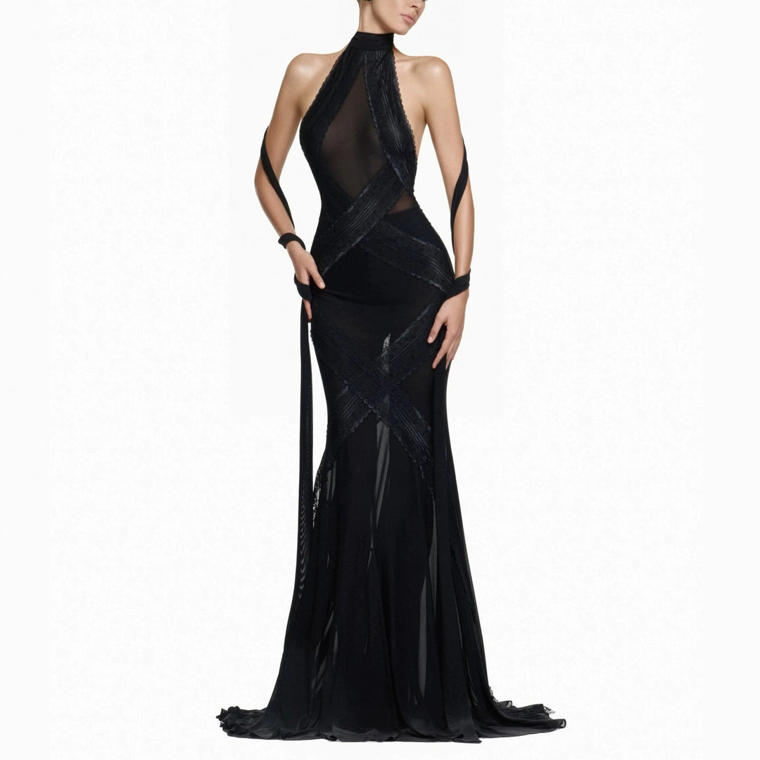 Damen Glamouröses Langarmkleid mit transparenten Einsätzen und raffinierten Drapierungen Drune