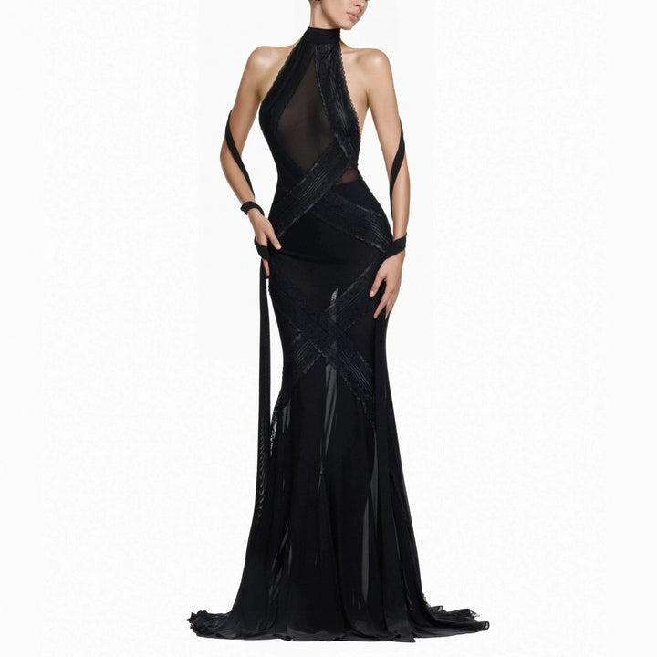 Damen Glamouröses Langarmkleid mit transparenten Einsätzen und raffinierten Drapierungen Drune