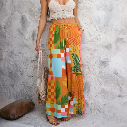 Damen nan weite Palazzo-Hose mit Kordelbund, Eingrifftaschen und mediterranem Kachelprint Drune