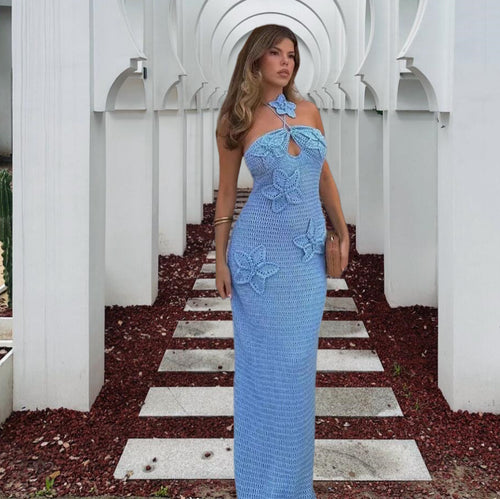 Damen Elegantes Maxikleid mit floralem Häkel-Design Drune