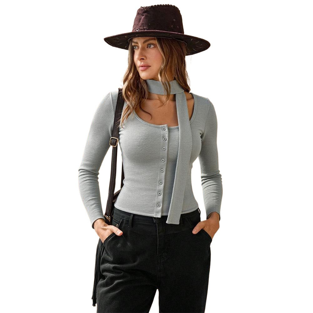 Damen Langarmshirt mit knöpfbarem V-Ausschnitt und modischem Schlaufen-Detail Drune