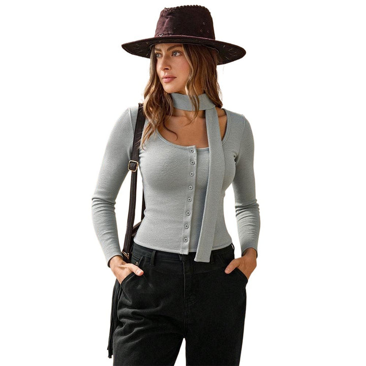 Damen Langarmshirt mit knöpfbarem V-Ausschnitt und modischem Schlaufen-Detail Drune