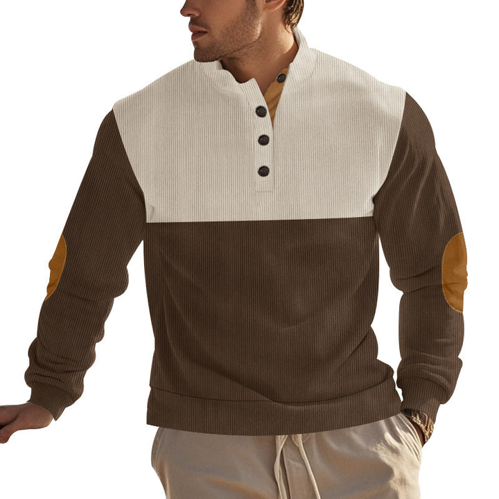 Herren nan Rippenstrickpullover mit Stehkragen Knopfleiste und Leder-Ellbogenpatches Drune